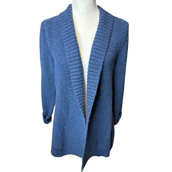 LL Bean Womens Marled Blue Cardigan Sweater Shawl Collar Cable Knit M - Picture 2 of 6